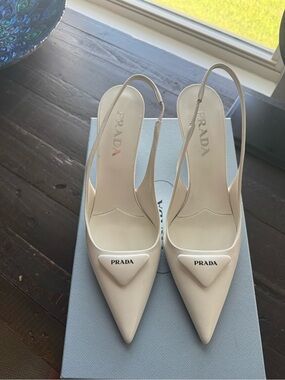Prada White Brushed Leather Slingback Pumps